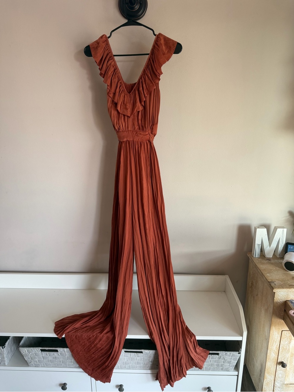 Zara Plisse Wide Leg Jumpsuit Rust Terracotta Ruffle Neck Tie Waist Medium